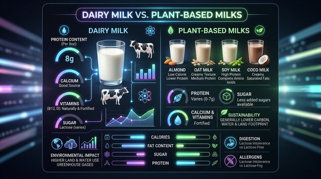 Nutritional Comparison Infographic of Dairy Milk vs Plant-Based Milks Alternatives