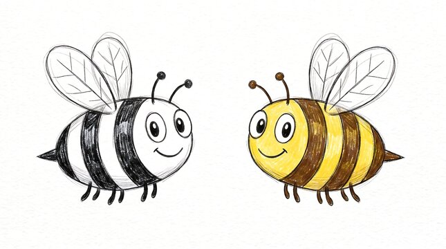 Hand-drawn honey bee illustrations, cute bumblebee character sketches. Pencil texture insect drawings for educational coloring and kids design.