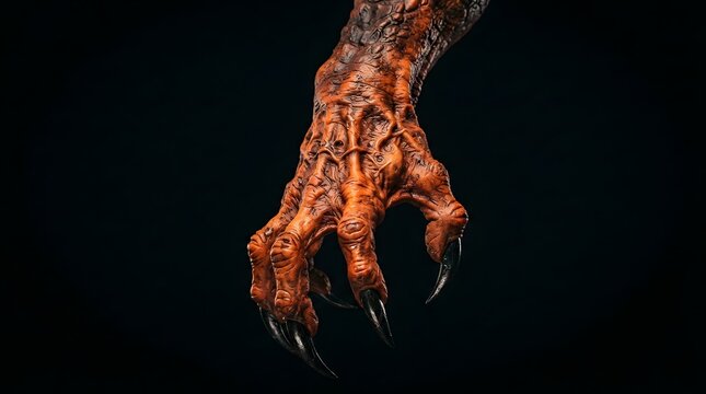 Closeup of a monstrous clawed hand with scaly orange skin and sharp black nails reaching forward from the shadows