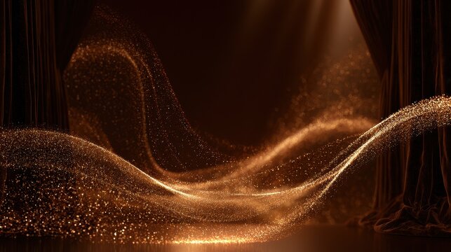 Luxurious abstract illustration: golden particle signature on a dark brown background with velvet curtains and sparkling wave motifs