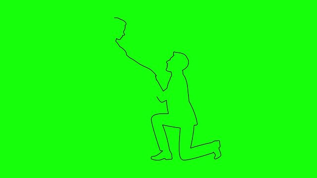Minimal line art animation of man proposing to woman on green screen background for digital design.