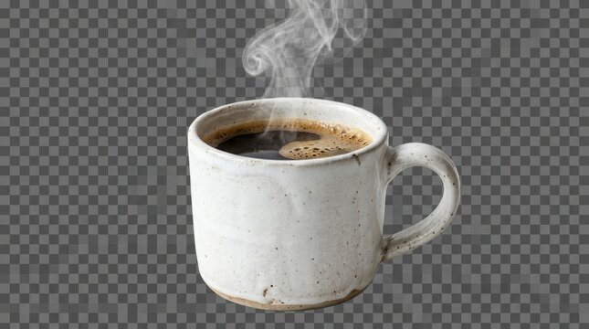 Steaming hot black coffee in a rustic white ceramic mug isolated on a transparent background