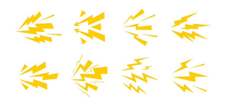 Lightning bolt icon set with electric strikes, sharp zigzag flashes and dynamic yellow vector shapes