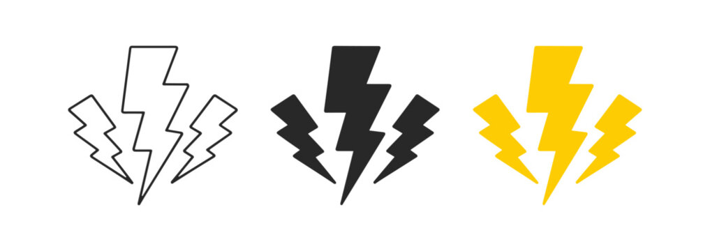 Lightning bolt icon set with triple electric strikes in outline, solid black and yellow vector styles
