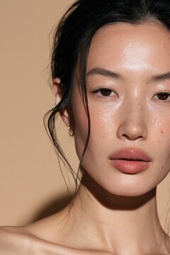 Luxurious Beauty Portrait of a Calm East Asian Model in a Neutral Studio Setting
