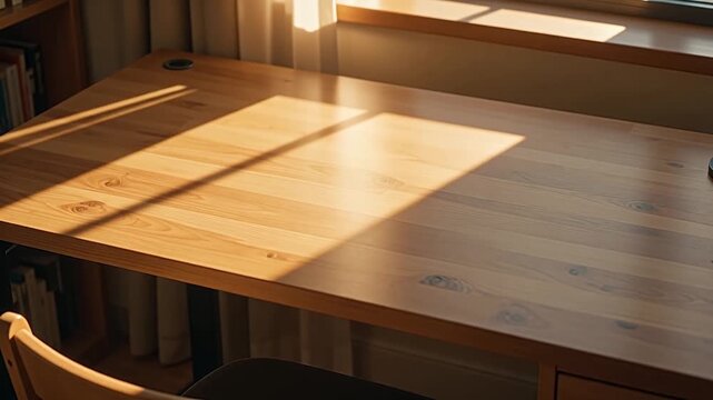 Cinematic footage of natural sunlight shifting across a light-colored wooden table in a quiet interior setting, creating a peaceful atmosphere for home or lifestyle b-roll.