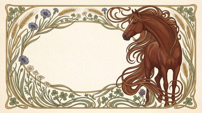 Day of the Horse Florus and Laurus decorative greeting background with majestic chestnut horse, meadow flowers, wheat and spacious vintage copy area