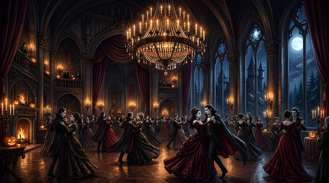 Vampires dancing in gothic ballroom.