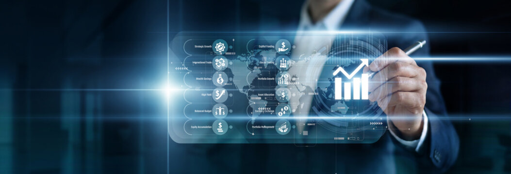 A portfolio manager views asset allocation charts on a virtual screen. Investment strategies are adjusted based on market volatility data to maximize returns and mitigate client risk levels.