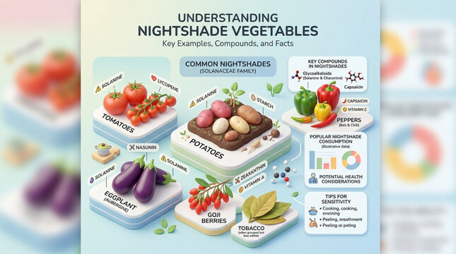Educational Infographic of Nightshade Vegetables Solanaceae Family Compounds and Health Facts