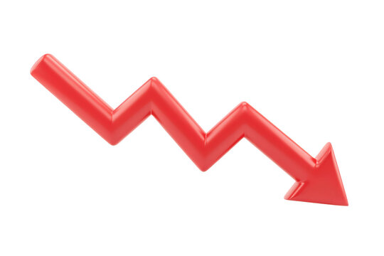 A glossy red three dimensional zigzag arrow pointing downwards, representing a negative financial trend, market crash, or loss on a white background