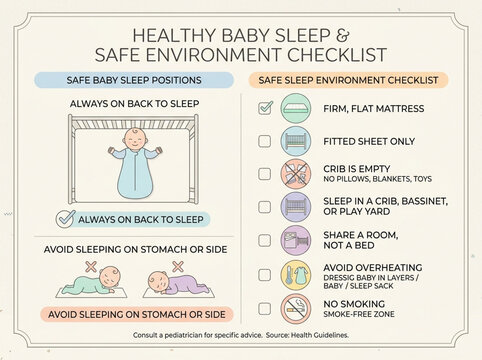 Healthy Baby Sleep and Safe Environment Checklist Infographic for Newborn Care and SIDS Prevention