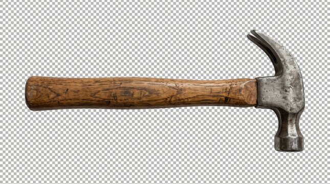 Old claw hammer with wooden handle isolated on white background for construction repair
