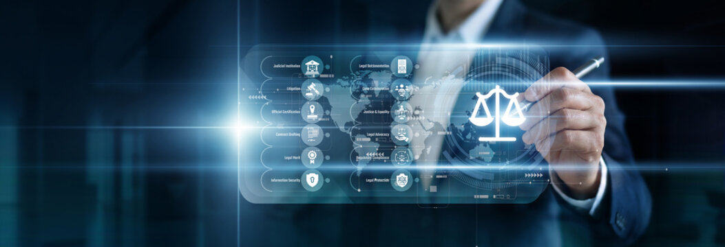 LegalTech point: Attorney reviewing contract clauses on a virtual screen. Scanning complex legal documents and case law databases to optimize litigation research, compliance tracking, legal workflows.