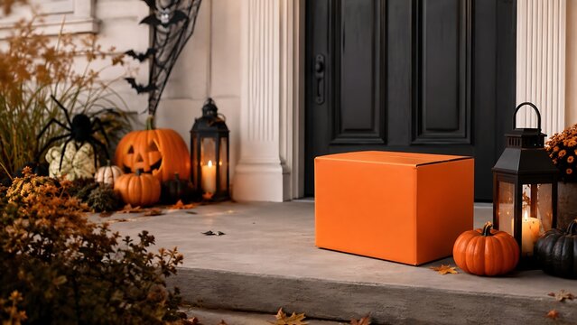 Halloween package delivery box at decorated front door with pumpkins and spooky autumn decor