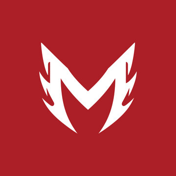 Abstract M esports logo with sharp curved shapes claw like cuts flowing edges dynamic angles and a beast-inspired flame emblem in bold white vector design on crimson red background