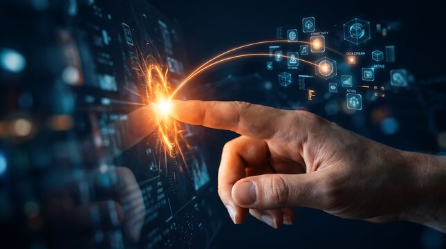 Human hand interacting with futuristic digital interface and glowing energy