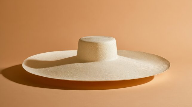 Natural raffia sun hat product photo on solid warm peach backdrop
