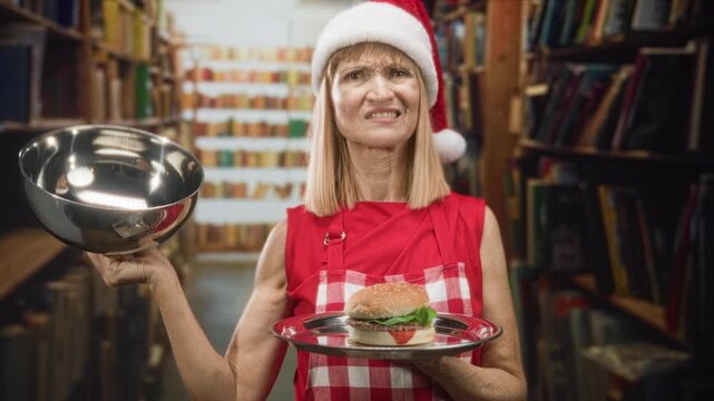 Middle aged blonde woman in santa hat and red check apron lifts cloche to reveal hamburger on a tray in a library; skepticism.