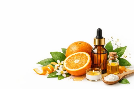Citrus essential oil and orange spa still life with dropper bottles and cream for aromatherapy and skincare background