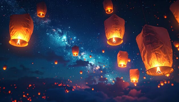 Glowing Lanterns Illuminating Night Sky.
