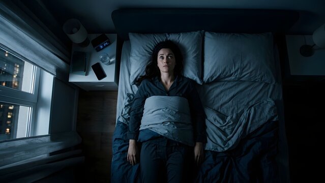 Woman unable to sleep in bed at night, looking up with worried expression, city lights outside window
