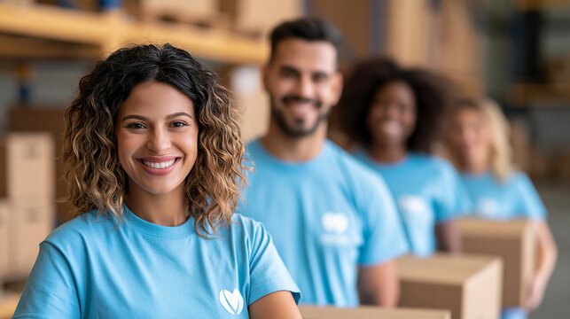 Diverse volunteers standing together in a donation warehouse while packing boxes, community service, charity work, humanitarian aid, teamwork, global solidarity, International Day