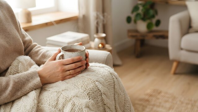 Woman holding a warm mug of tea, wrapped in a cozy knitted blanket, relaxing in a comfortable armchair at home