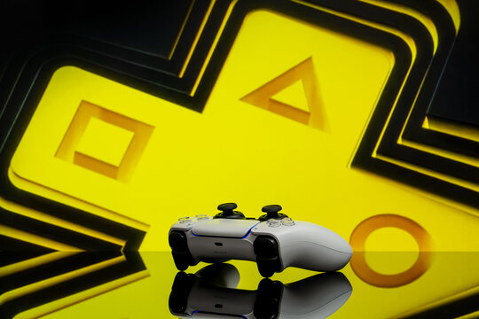 August 20, 2026, Odessa, Ukraine.  Sony PS5 DualSense controller with yellow PlayStation Plus icon back
