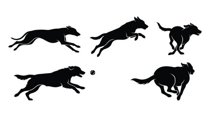 Fototapeta premium Set of black silhouettes of dogs running and jumping to catch a ball, showing motion and speed on a white background