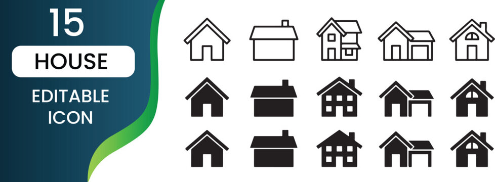 Set of minimalist house icons and architectural symbols for real estate and web interface design