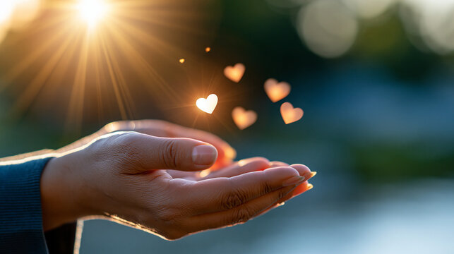 Creative volunteer day poster featuring a helping hand illuminated by warm sun rays and floating hearts, community service, charity, kindness, volunteerism, global awareness, with