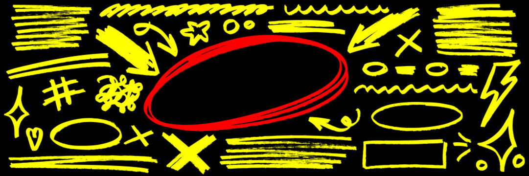 Yellow marker highlight line set on black. Marker arrow, underline, red highlight oval, pen circle, hand drawn star, doodle scribble, lightning, x cross, line.