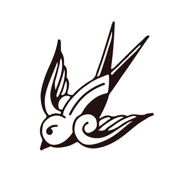 Vintage illustration of flying swallows with bold black and white linework, inspired by classic traditional tattoo flash and nautical folk art. Diecut sticker PNG Transparent background