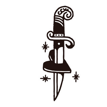 Classic ornamental dagger and love shape illustration in bold black and white line art, decorated with small floral details and inspired by traditional tattoo flash artwork.