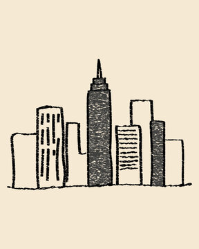 Hand Drawn City Skyline with Skyscrapers and Urban Buildings in Rough Sketch Style on Beige Background