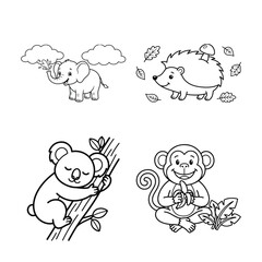 Fototapeta premium Cute Animal Coloring Pages Featuring Elephant, Hedgehog, Koala, and Monkey with Nature Elements for Kids