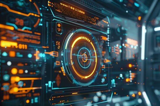 Futuristic Control Panel Interface with Glowing Elements and Advanced Data Display