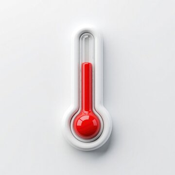 Red liquid rises in glass thermometer against white backdrop. Simple tool measures heat or cold. Medical, weather or general temp check icon.