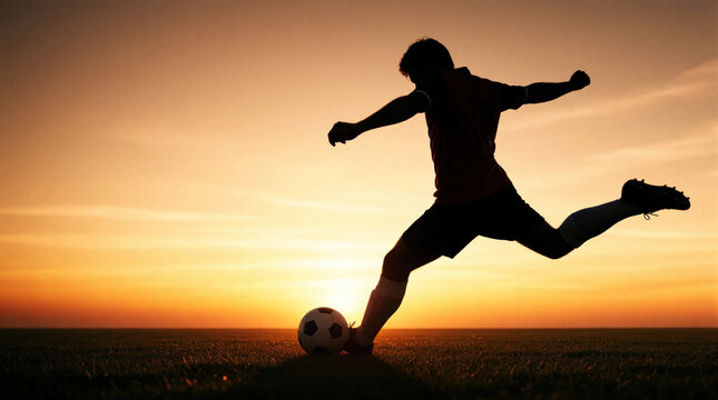 Silhouette soccer player kicks ball across field at sunset. Athlete in action during twilight, grass and orange sky background. Dynamic movement during sports training.