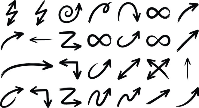 Black hand drawn scribble arrow vector icon set with rustic ink textures dynamic loop pointers and infinity symbols collection