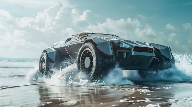 Futuristic concept vehicle traversing a tranquil beach, evoking power and freedom, set against a