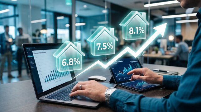 Real estate market growth analysis with digital data overlap on laptop