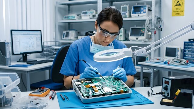 Female technician wearing protective gear meticulously solders a complex electronic circuit board under a magnifying lamp in a clean laboratory.