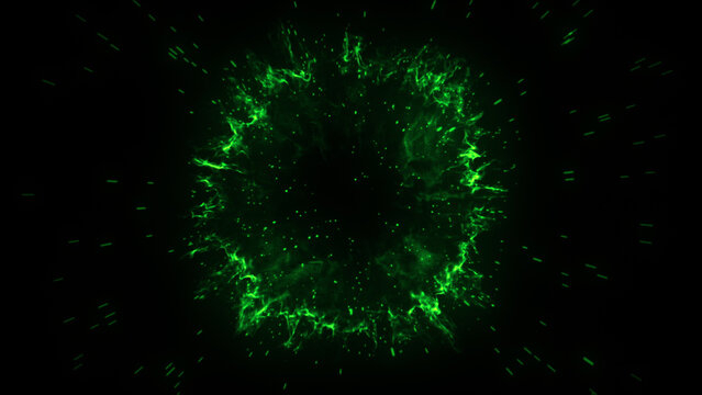 Bright green energy shockwave explosion isolated on black