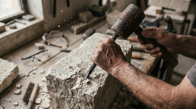 Skilled artisan sculptor chiseling stone block with mallet and chisel in a traditional workshop stone carving manual labor traditional craft working hands stone work