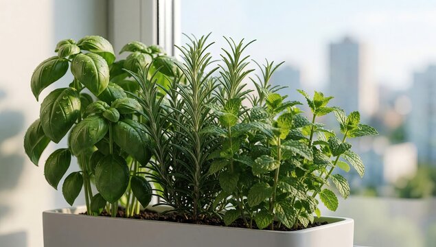 Fresh aromatic herbs basil rosemary and mint growing in a white planter box on a sunny windowsill with a blurred city skyline background, urban gardening concept for healthy lifestyle