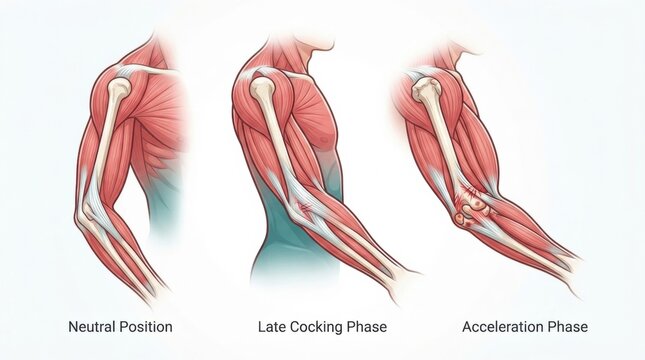 This visual explains the anatomy of elbow injuries in sports, showing stages from neutral position to acceleration phase.