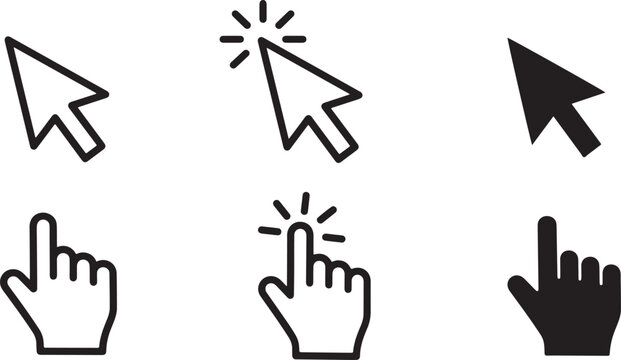 Black and white cursor icons and hand pointer symbols for web design and user interface navigation