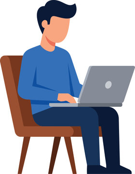 A flat-style vector illustration of a young man with dark hair, wearing a blue sweater and navy pants, sitting in a brown armchair while typing on a gray laptop. 